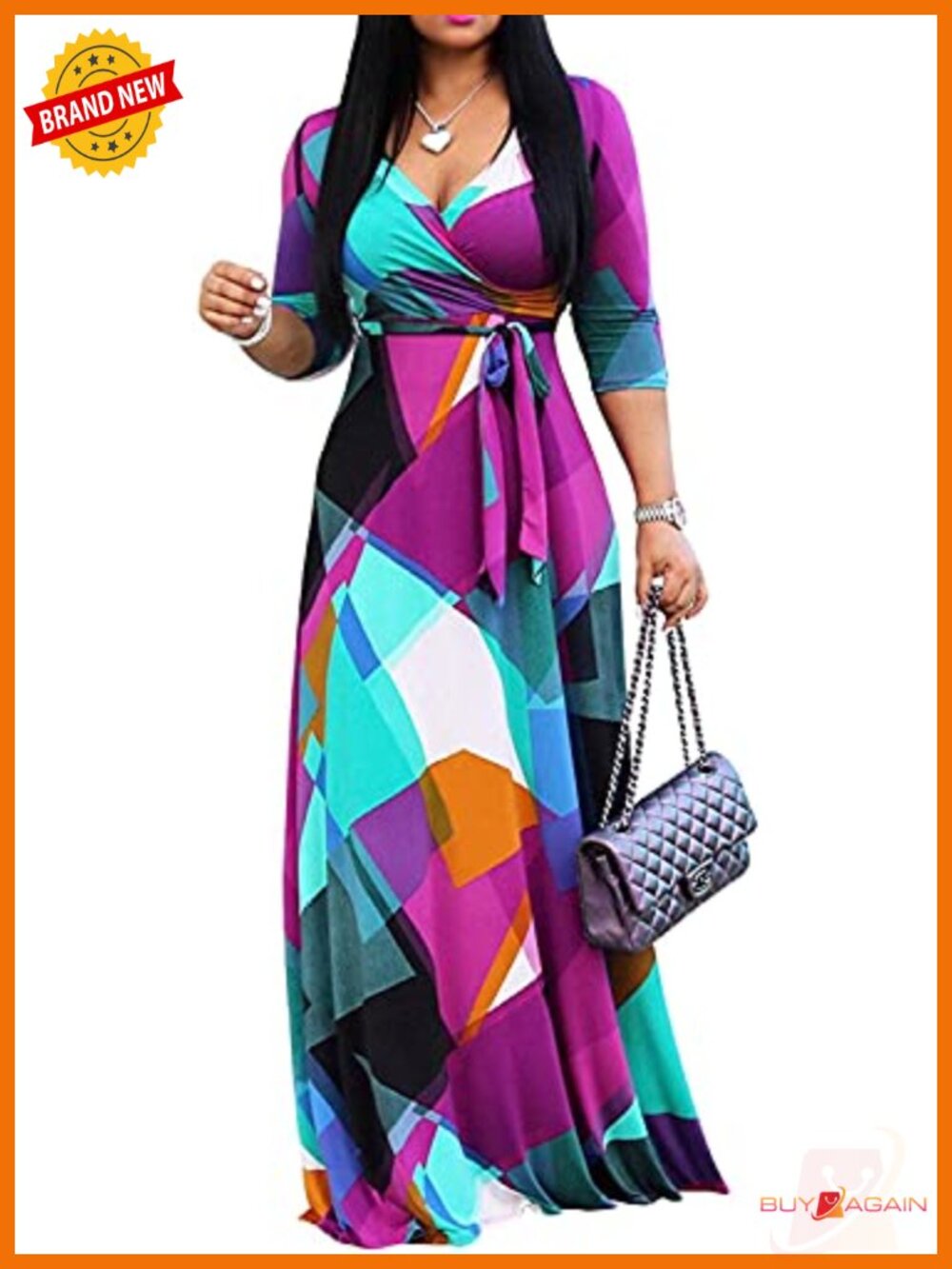 Plus Size Maxi Dress 3/4 Sleeve V-Neck Belted Casual Summer Long Dress
